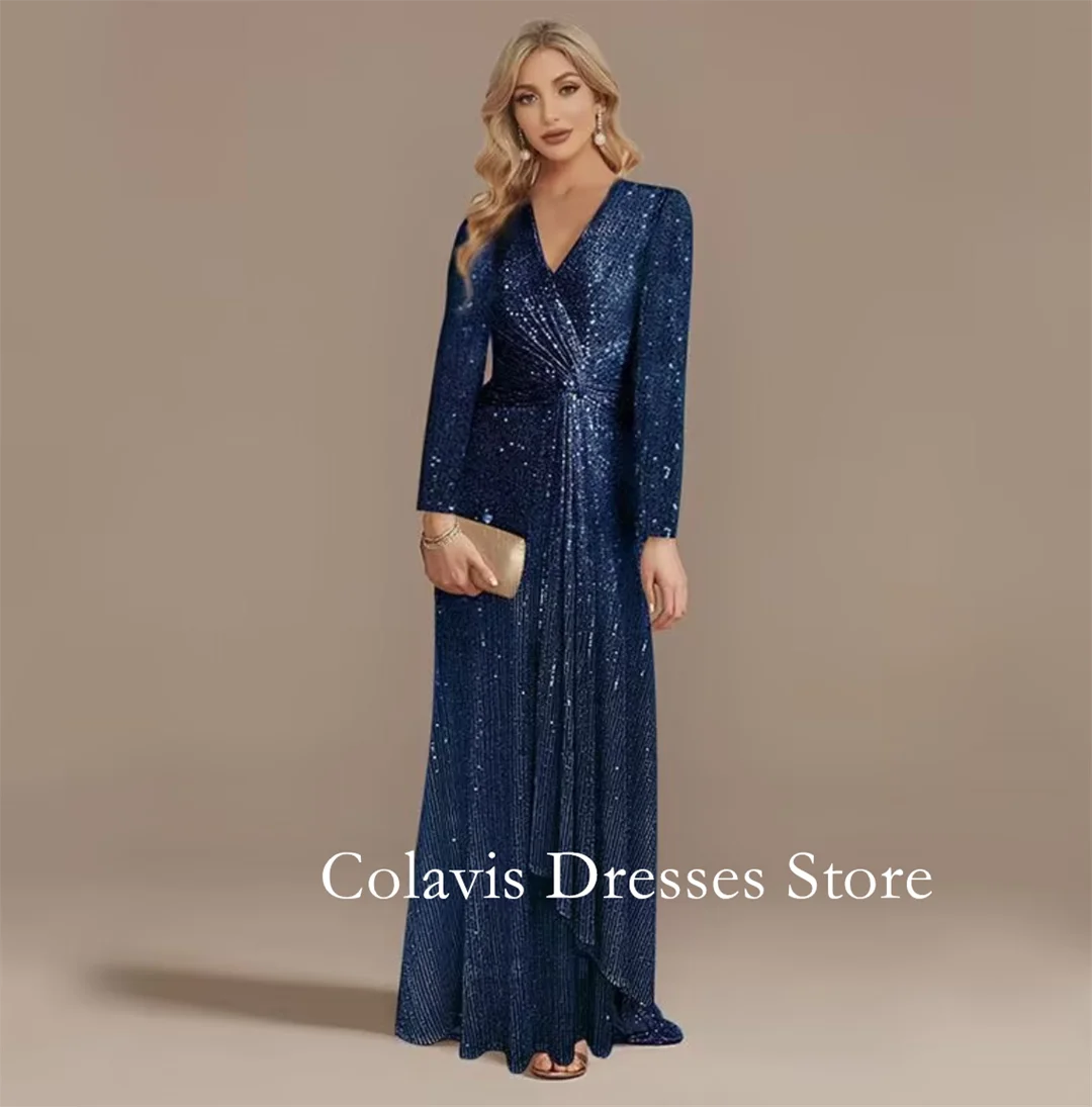 

2025 Customized V-Neck Long Sleeves Sequined Plus Size Prom Dresses Evening Dress Women Evening Gowns Formal Party Dress