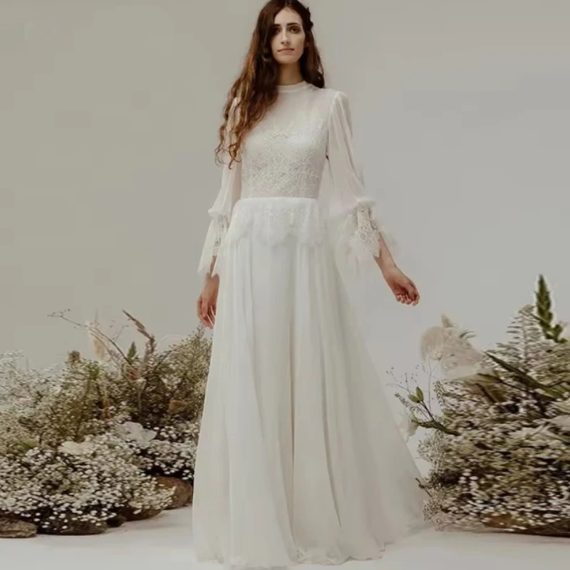 

Flowing Weddings Dresses High Collar Puff Sleeve A-Line Chiffon Bride Dress Lace Button Bridal Gown Customized robe de mariée