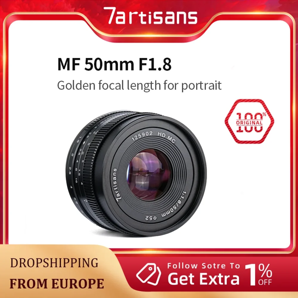 7artisans 50mm F1.8 APS-C Large Aperture Portrait Prime Lens For Canon EOS-M M50II Sony E A6000 Fujifx X-T4 X-A10 XT30 Micro 4/3