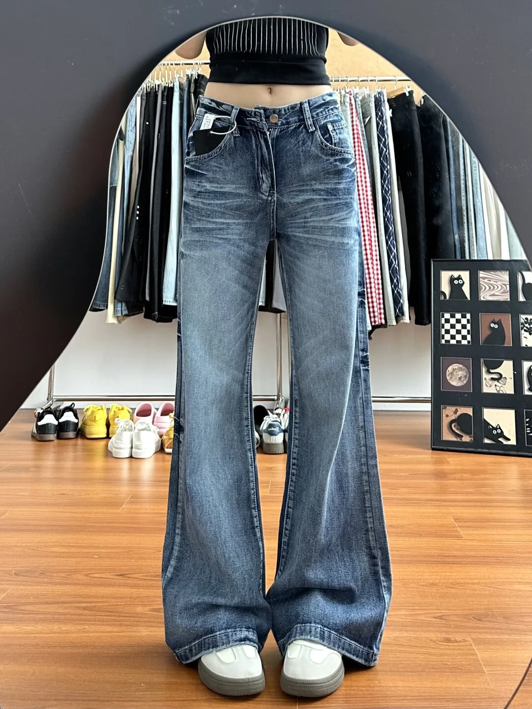 

Американские ретро-джинсы с высокой талией и широкими штанинами для женщин, летний дизайн, прямые брюки в пол, повседневные джинсы с высокой талией
