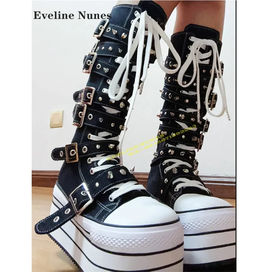 

Platform Rivet Cross Tied Canvas Punk Boots Round Toe Thick Sole Height Increasing Buckle Strap Knee-High Boots Subculture Style