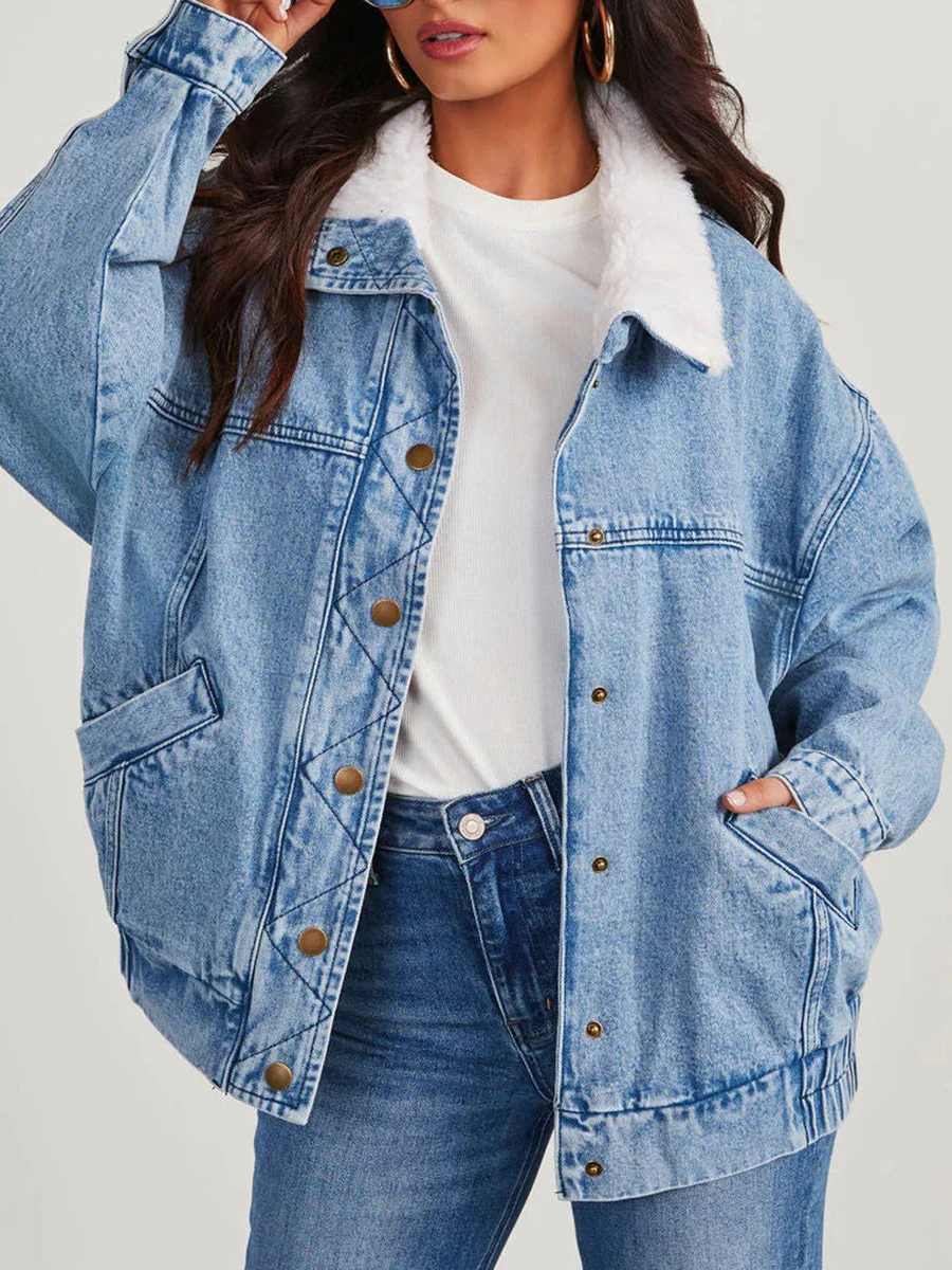 Women's Denim Jacket with Fleece Collar Casual Long Sleeve Button Down Boyfriend Jean Jacket Biker Coat