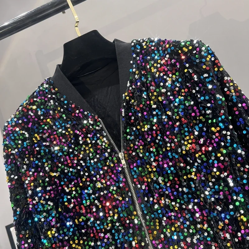 Premium Sequined Coat Women\'s Suit Jacket Zipper Top Baseball Uniform Casual Versatile and Thin Two-piece Women\'s Fashion