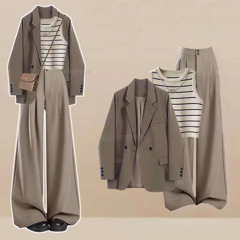 Professional suit, women's Korean suit jacket, striped camisole with high waist and wide leg pants, three piece set pant sets
