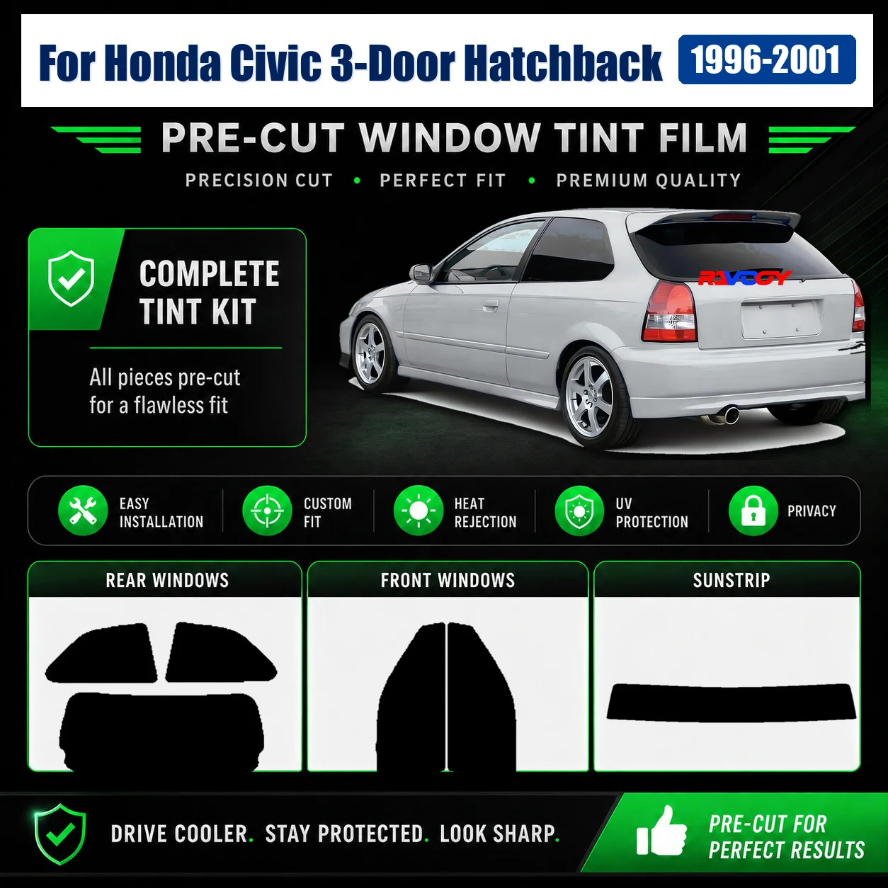 For Honda Civic 3-Door Hatchback 1996-2001 Tailored Front Rear Side Window Sun Shade Film UV Heat Rejection