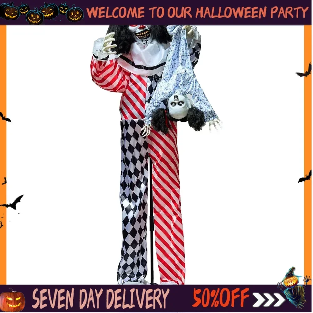 

64"Halloween Animatronics Clown Holding Doll Life Size Halloween Decorations with Motion & Sound Light Sound Activated Animated