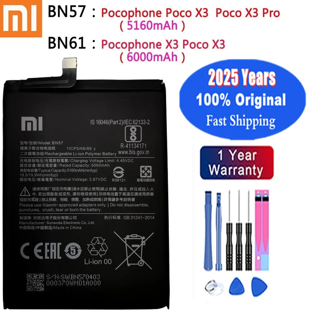 2025 Years BN61 BN57 Xiao mi Original Battery For Xiaomi Pocophone POCO X3 Pro / X3 NFC Mobile Phone Battery Fast Ship + Tools