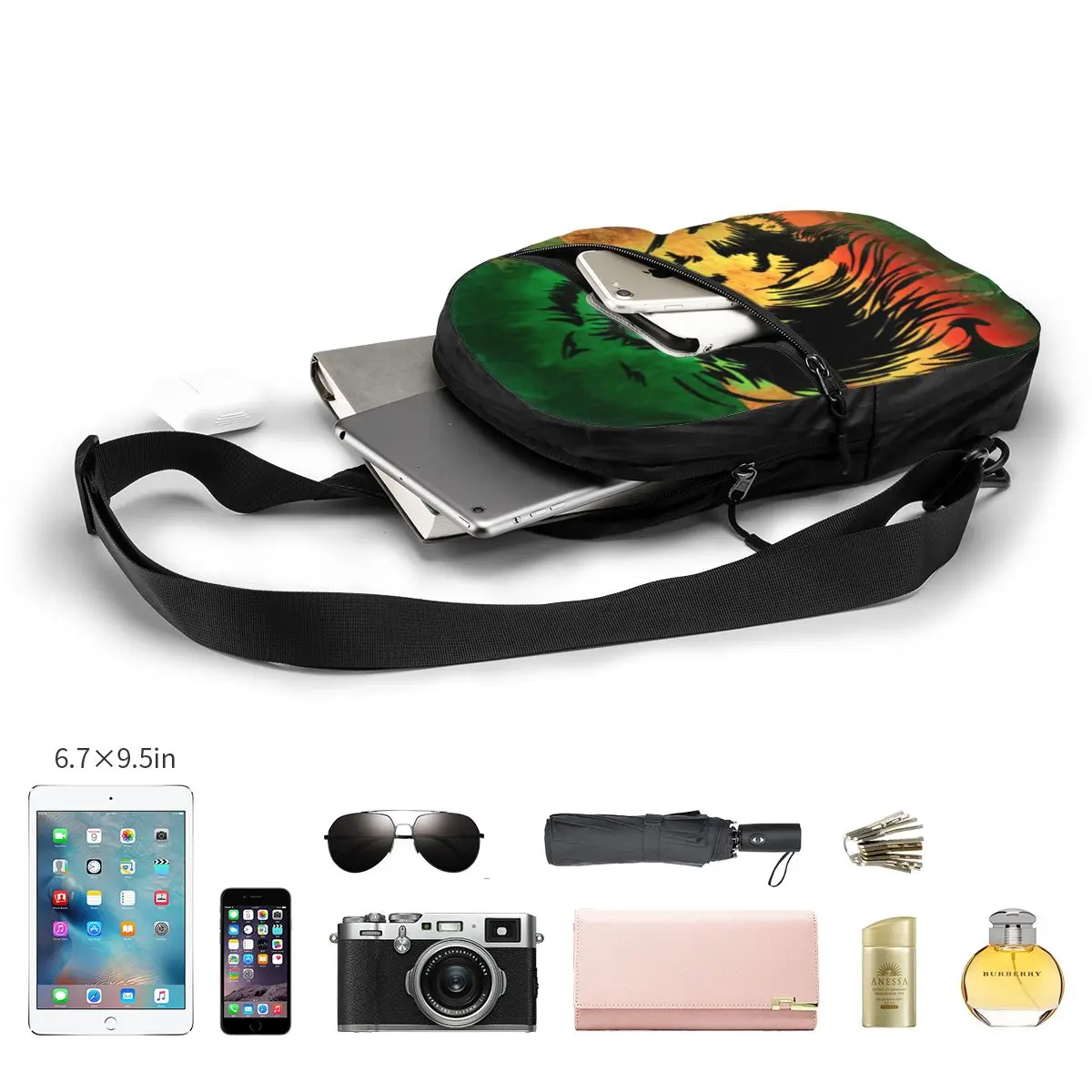 Rasta Lion Stripe Chest Bag Men Sling Crossbody Backpack Chest Bag Travel Hiking Daypack Shoulder Bag