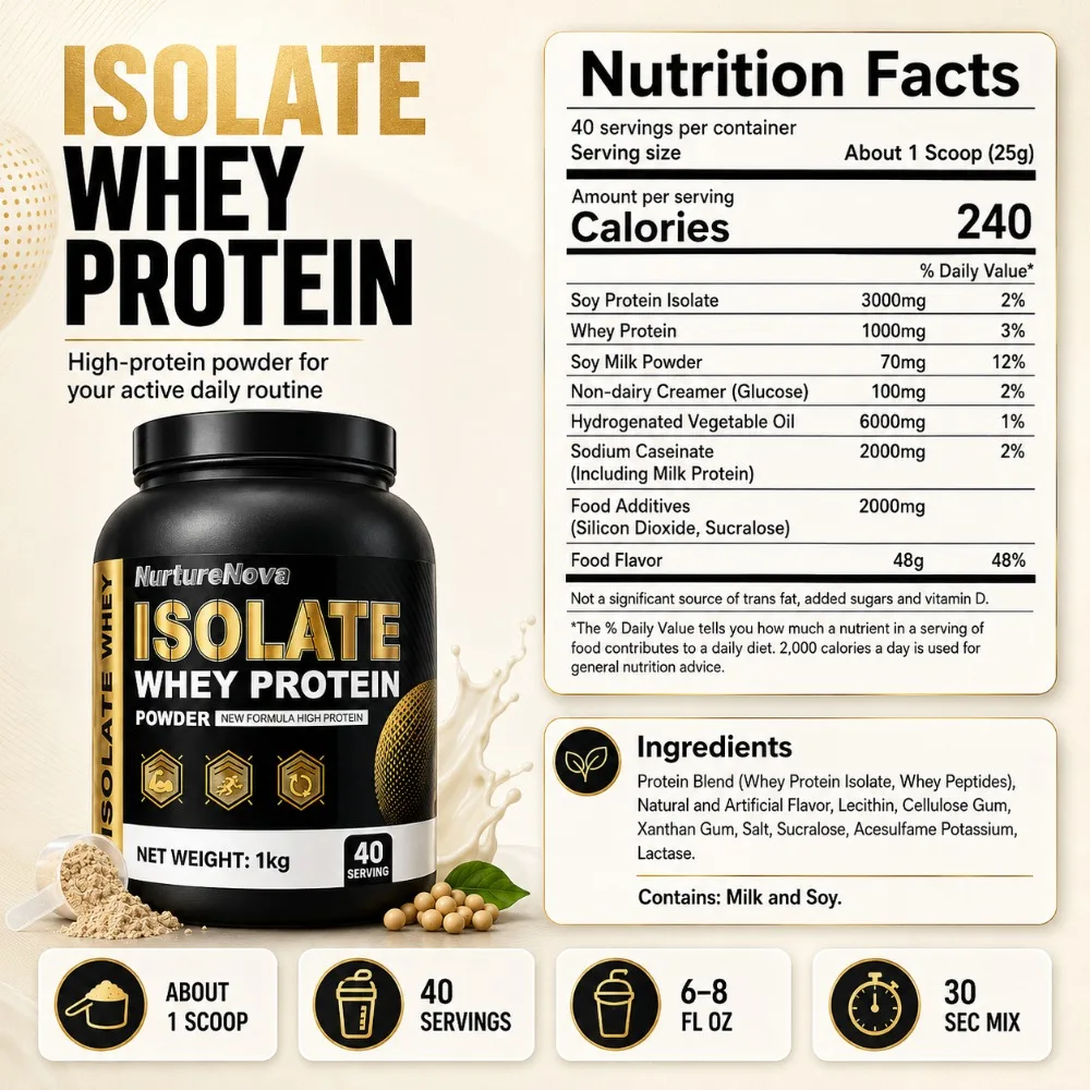 NurtureNova Isolate Whey Protein Powder 1kg, High Nutrition Fitness Drink Mix, 40 Servings, Workout & Daily Support Formula