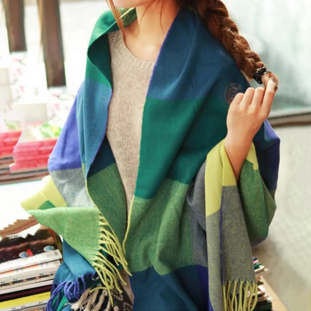 Women Winter Colorful Plaid Print Scarf Tassel Trim Imitation Cashmere Thick Shawl Large Long Warm Scarf Fashion Accessories