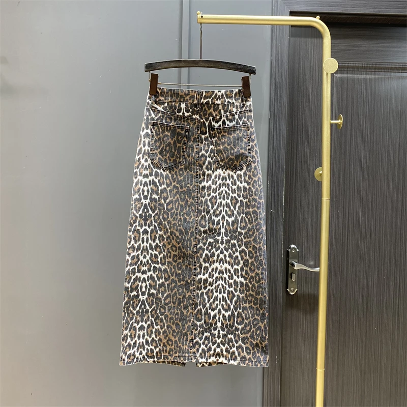 Diamond Leopard Print Straight Denim Skirt Casual Street Fashion High Waist Split Hip Wrap Long Skirt Trendy Clothing