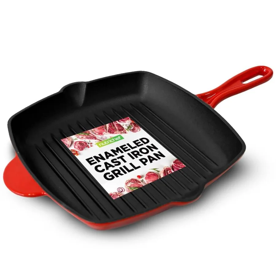 11" Square Cast Iron Skillet Grill Pan w Porcelain Enamel Coating Red