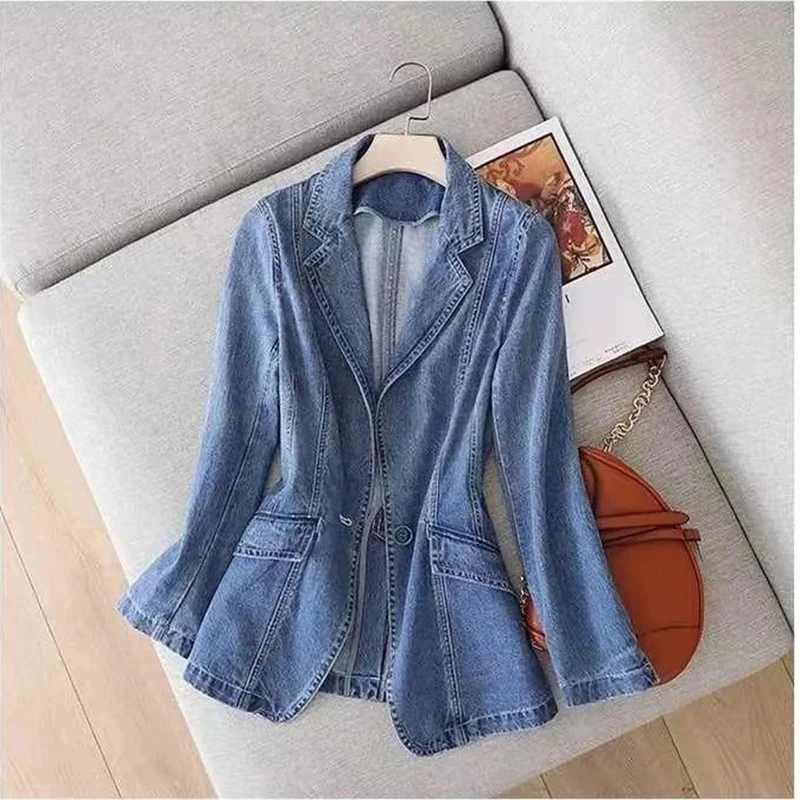 Jaket Denim wanita lengan panjang, jaket Denim wanita, jaket jins kasual longgar lengan panjang, kerah baju koboi, mantel wanita baru, musim semi, musim gugur, 2023