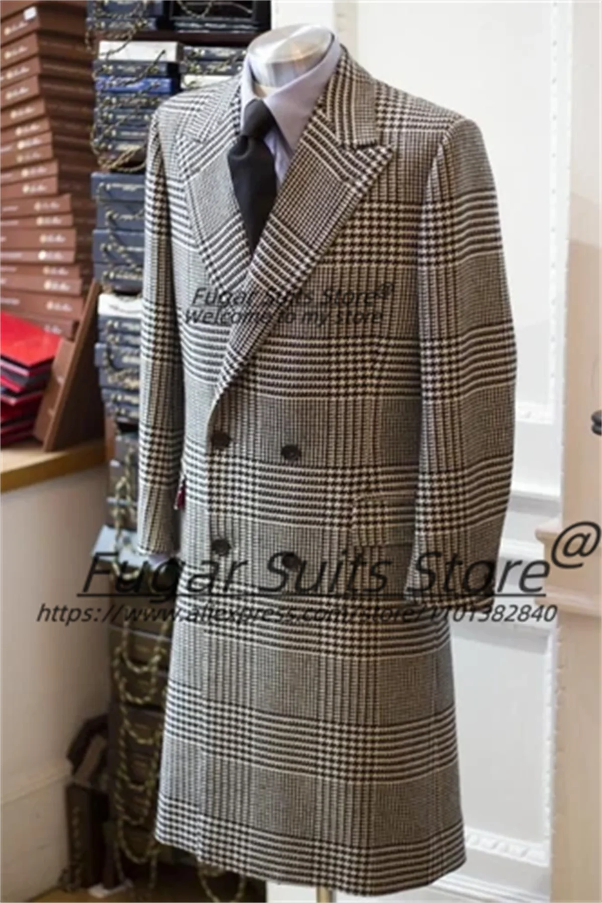 

Elegant Plaid Long Men Suits Customized Classic Double Breasted Groom Wedding Tuxedos 2Pieces Sets Male prom Blazers Ropa Hombre