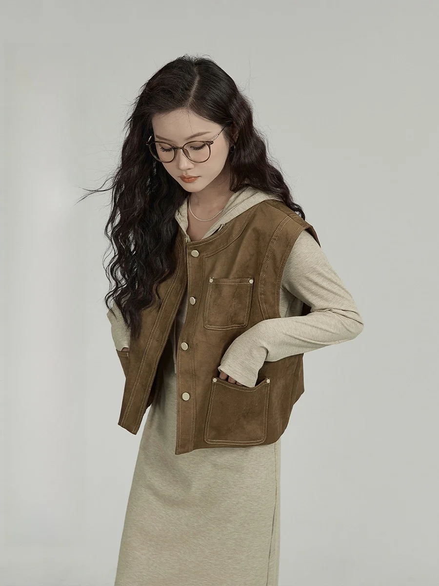 

Ele Brown Suede Vest Women's Faionable Layering Top Commute Sle round Ne Single Button Closure Color