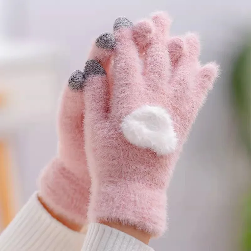 

Winter Love Plush Warm Gloves for Women Outddor Cycling Cold-proof Fleece-Lined Thicken Mittens Cute Girls Touch Screen Gloves