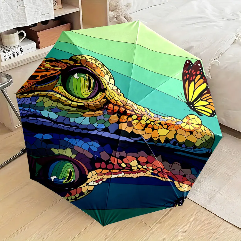 Colorful Mosaic Crocodile Face Design with Butterfly Theme portable waterproof sun rain umbrella for outdoor travel beach