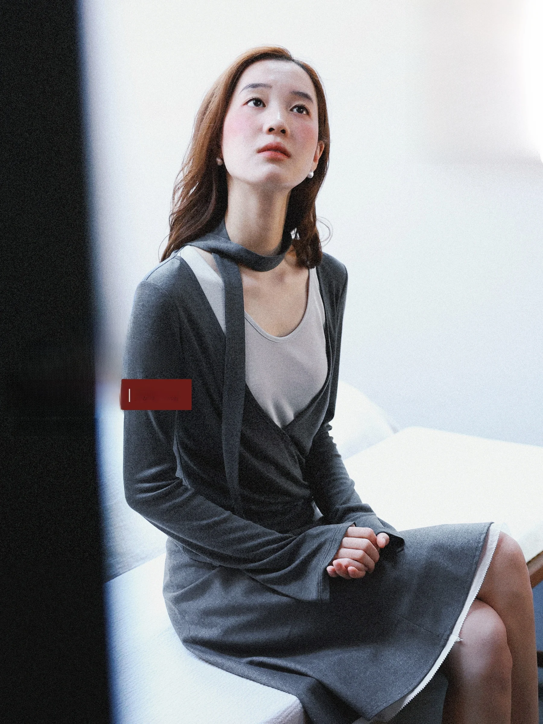 Munns Ruxi Blue Grey Scarf Collar Long Sleeve T-Shirt Crossed over Panel Unique Design Slim Fit Women's Fashion Top