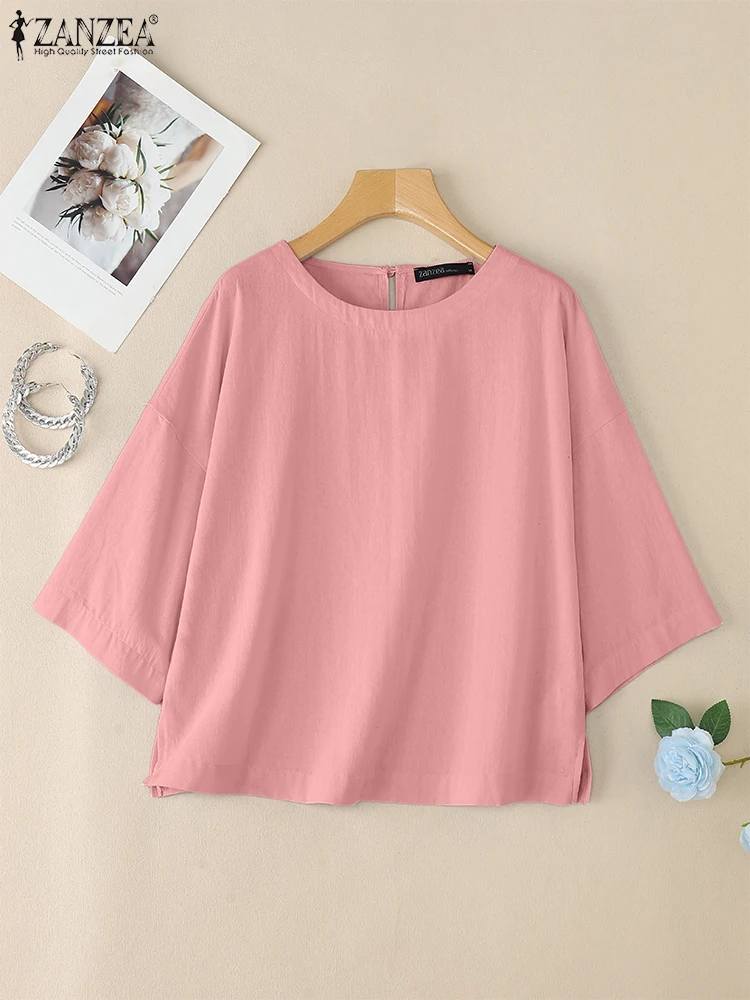 

ZANZEA 2022, женские повседневные рабочие блузки с рукавами 3/4, осенние однотонные тонкие топы, винтажная рубашка, женские хлопковые блузки, повседневная свободная сорочка