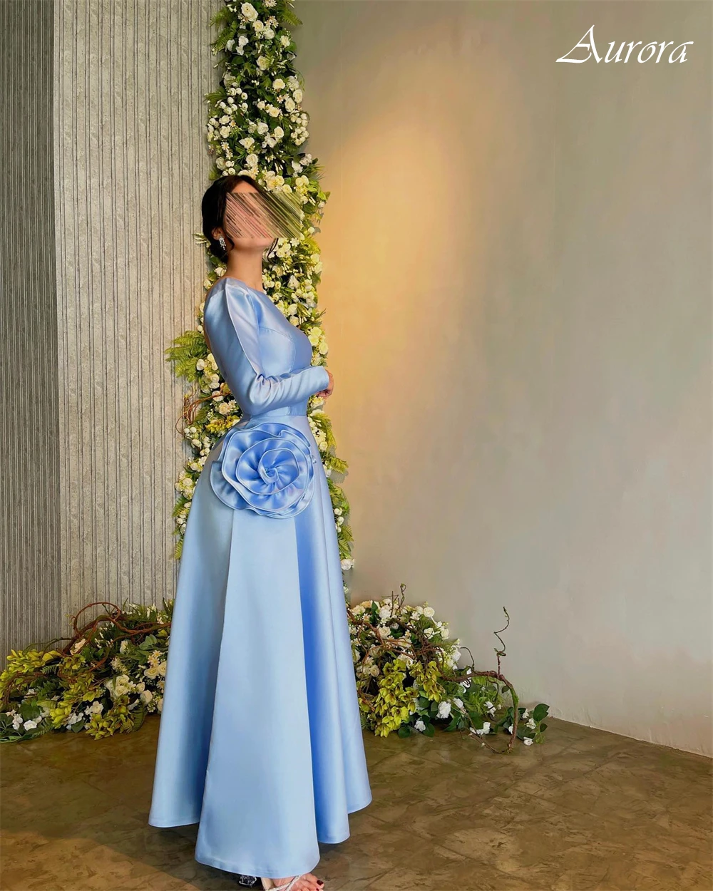 تخصيص أنيقة طويلة الأكمام الساتان فستان الحفلة الراقصة سويب تراين ثلاثية الأبعاد الزهور رداء حفلات مزاجه عارية الذراعين س الرقبة مساء اللباس