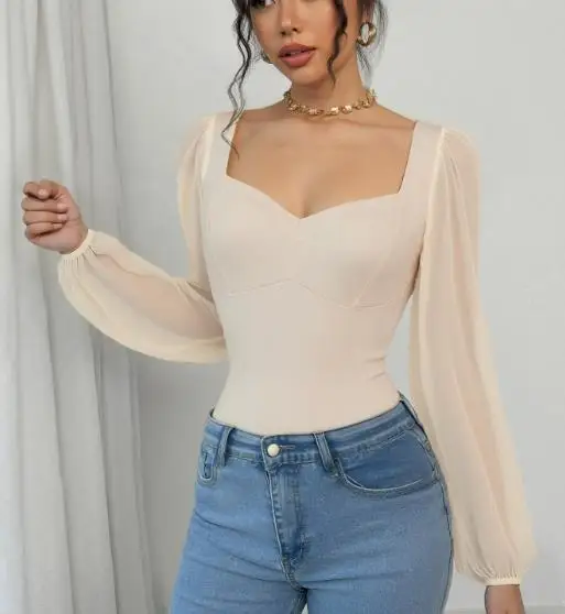 

Autumn Sexy Retro Elegant Jumpsuit Women's Tight Fitting Long Sleeved Solid Color V-Neck Sheer See Through Long Sleeved Jumpsuit