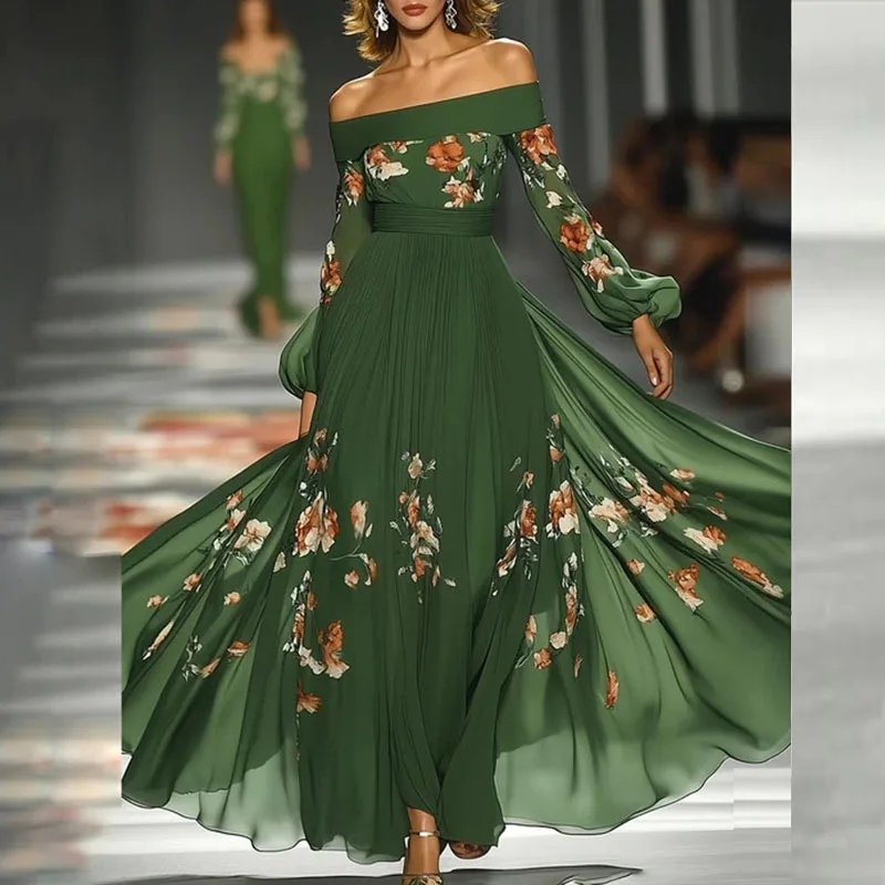 오프숄더 랜턴 슬리브 맥시 드레스 여성용 봄 우아한 플로럴 프린트 밑단 롱 드레스 섹시 백리스 홀로 보헤미안 드레스