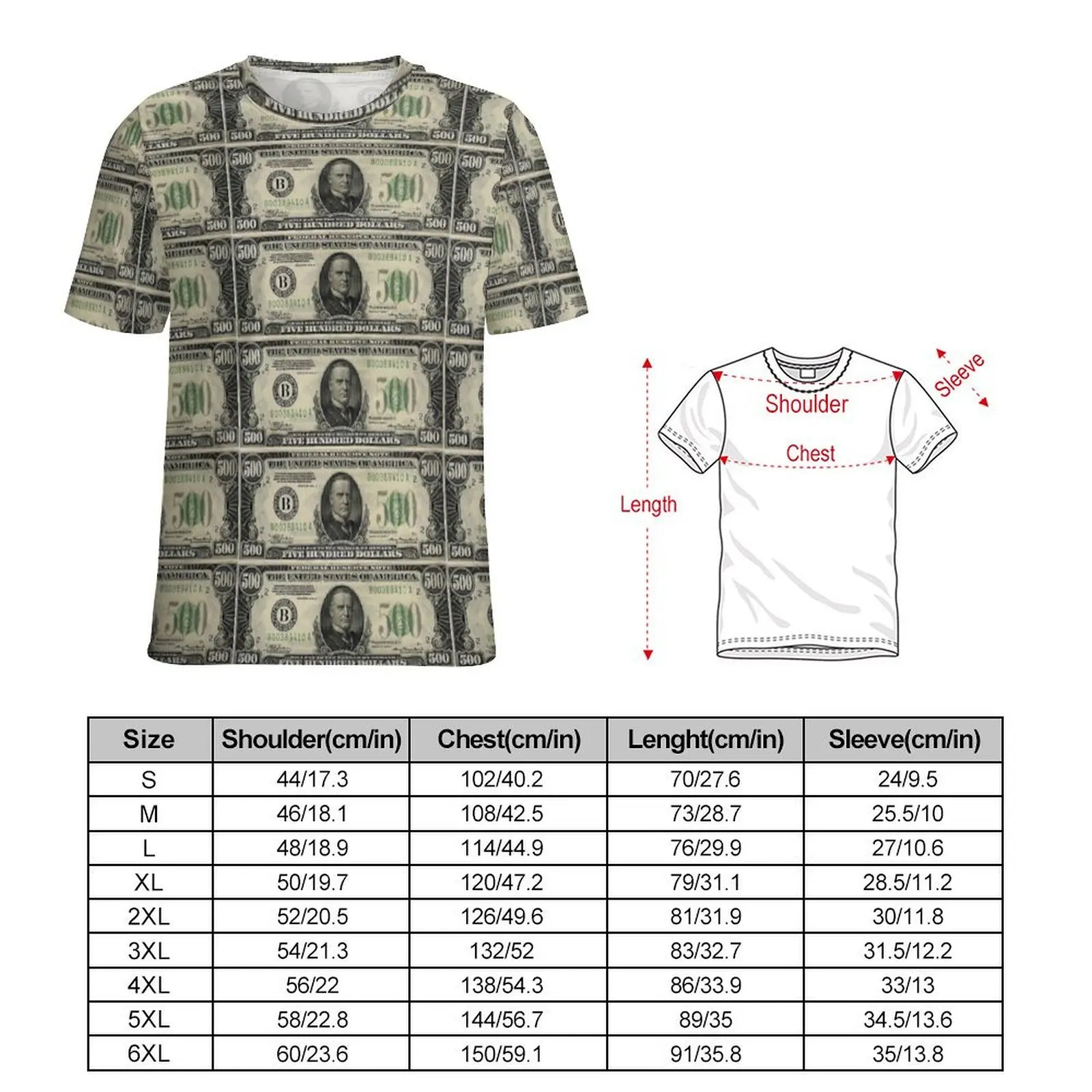 500 US Dollar Bill  President McKinley Federal Reserve Note T Shirt  Fashion T Shirts Short Sleeves Tops Summer Oversize Clothes