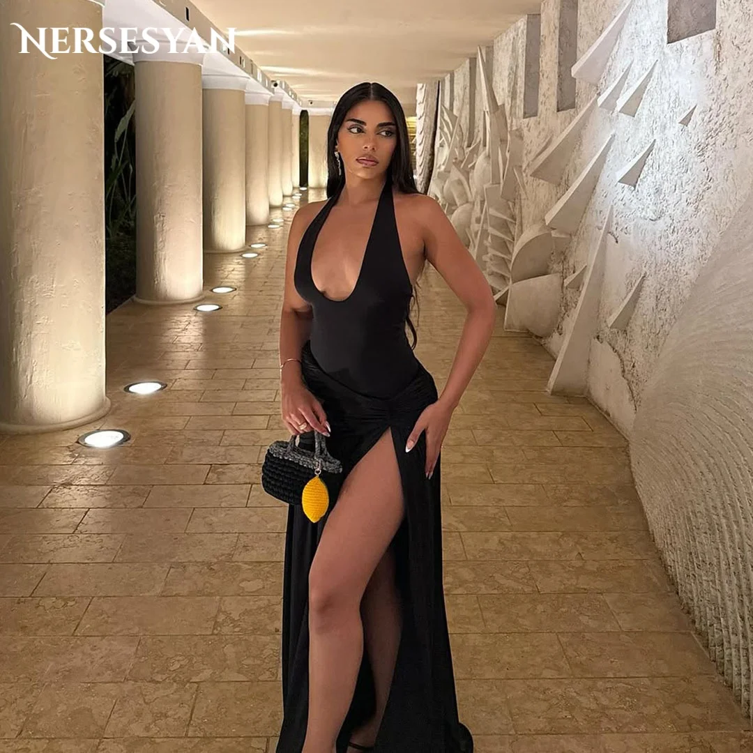 Nersesyan luxe noir sirène robes de soirée col en V profond fente latérale robe formelle plis moulante femmes robes de soirée personnalisé