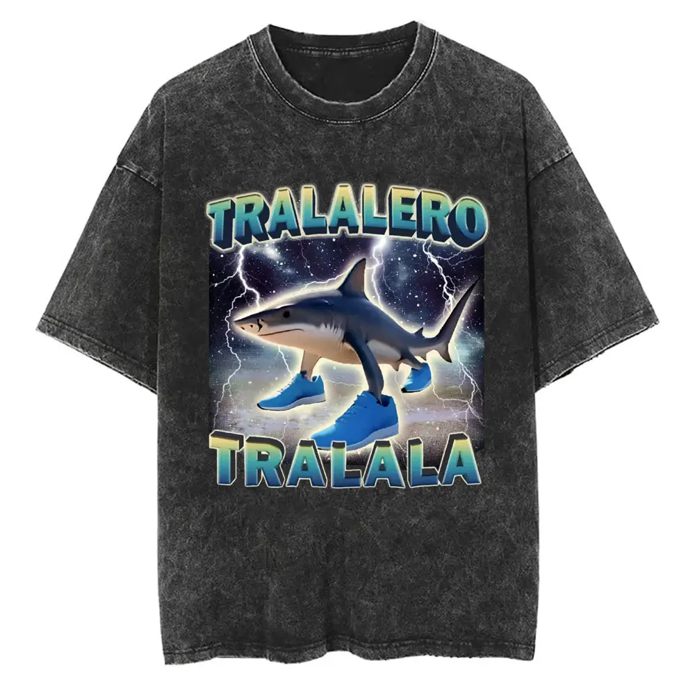 

Hot Sale New Tralalero Tralala Funny Shark with Shoes Meme Washed T Shirt Men Casual Humor T Shirts Men's Gothic Vintage T-shirt