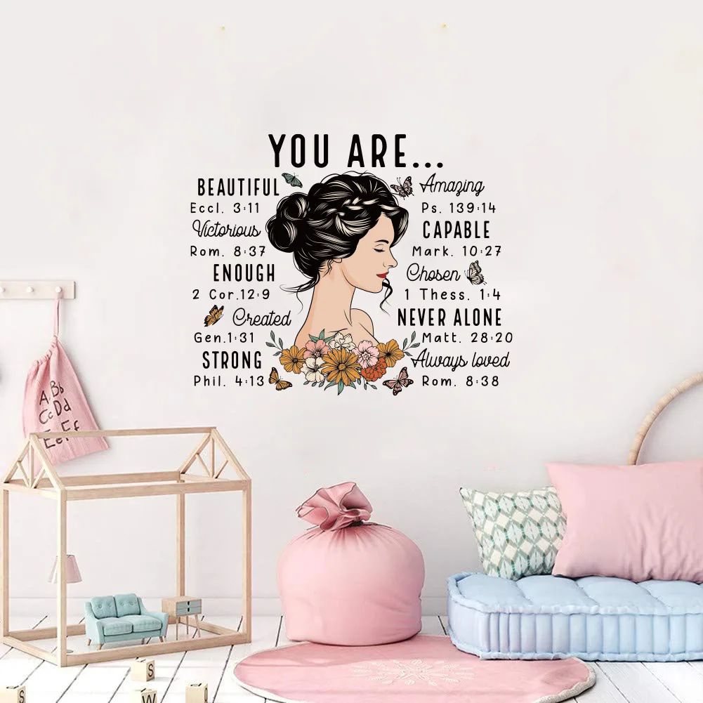 Boho Floral Woman Bible Verse Wall Sticker Kids Room You Are Inspiration Retro Flower Girl Motiavtion Wall Decal Bedroom Decor