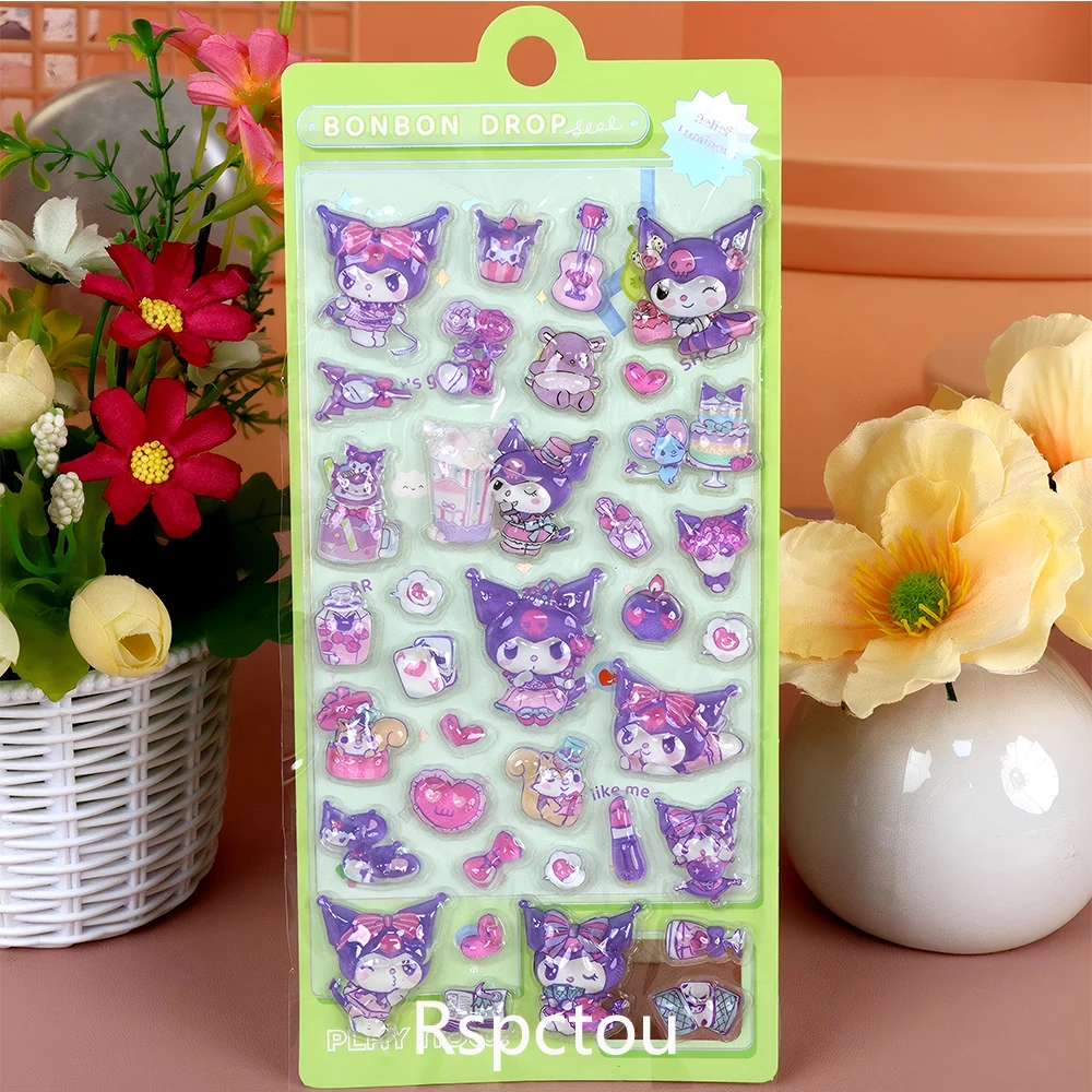 4 pçs cinnamoroll kuromi melodia 3d alívio adesivos kawaii sanrio decalques de cristal bonito dos desenhos animados decoração bolha adesivo presentes