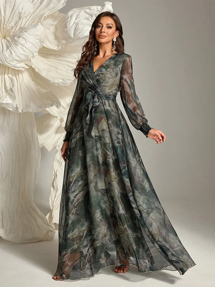 TOLEEN Women\'s Cross Wrap Summer Long Sleeve Dress 2024 New Spring Casual Elegant Floral Print Belted Formal Party Maxi Dresses