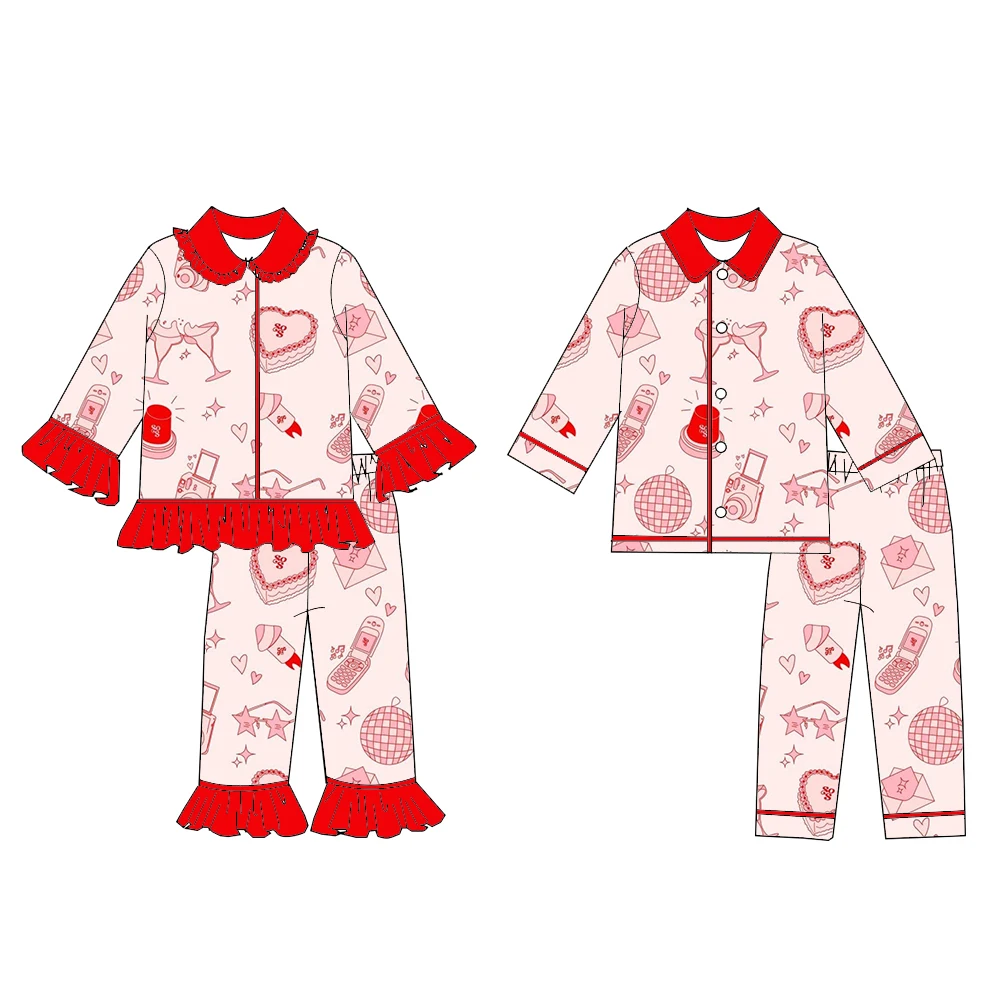 Boutique children's suit Valentine's Day Love Flower Print Lapel Long Sleeve Long Pants Girls Boys Pajama Set