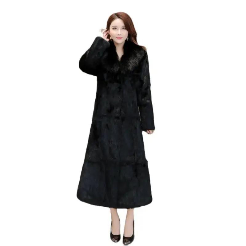 

custom any size lady fashion fur outwear Real genuine natural rabbit fur coat with fox fur collar women's X-long jacket