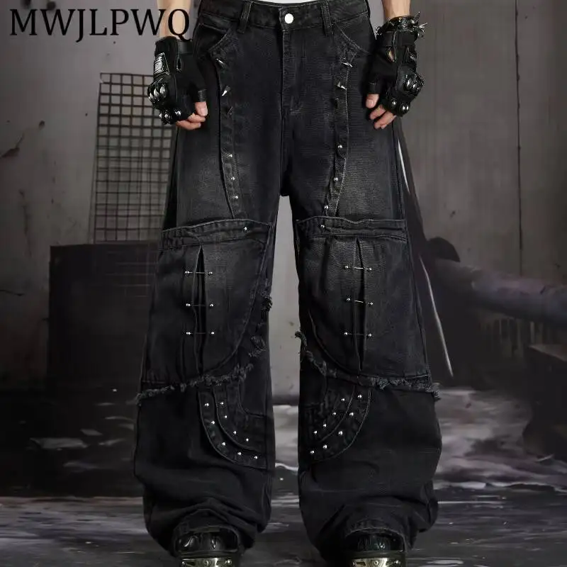 MWJLPWQ Raw Fringe Edge Stud Pin Decor Unisex Wide Leg Jean Gothic Faded Wash Multi Layer Curved Patch Punk Street Trouser 17126