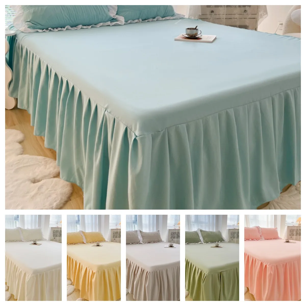 

1pc Solid Color Bed Skirt wtih Lace All Around All-seasons Bed Cover with Ruffles Queen/King roupa de cama(Without Pillowcase)