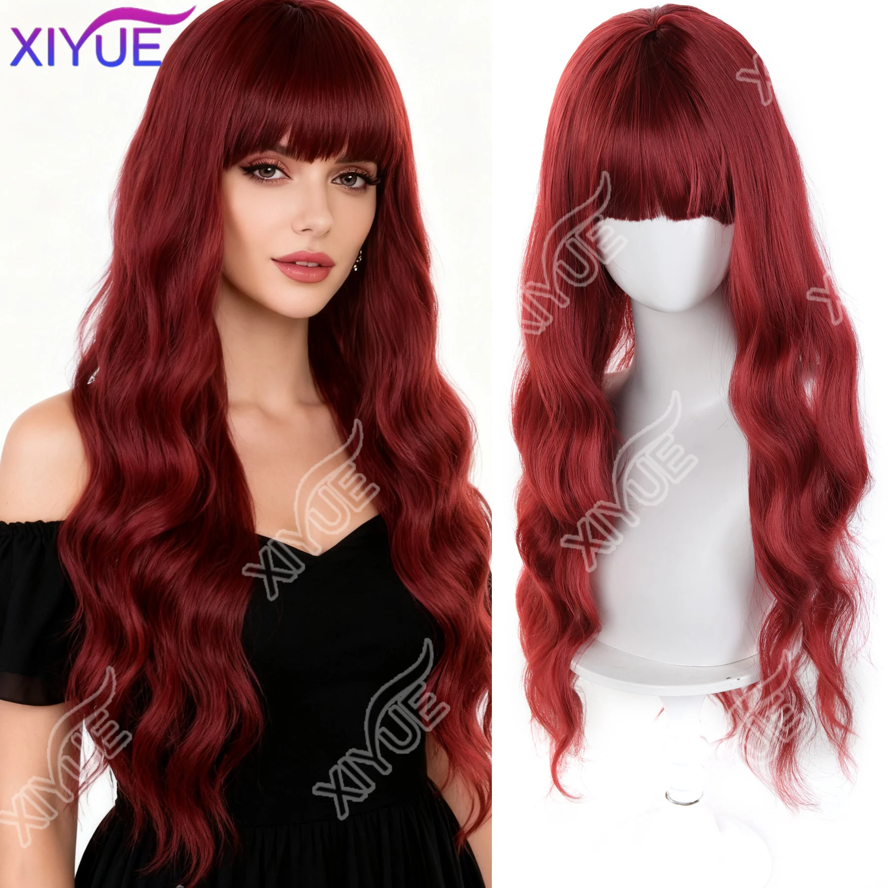 

Women's fashion synthetic fiber head set orange wine red bangs long curly hair water ripple high temperature silk wig head set