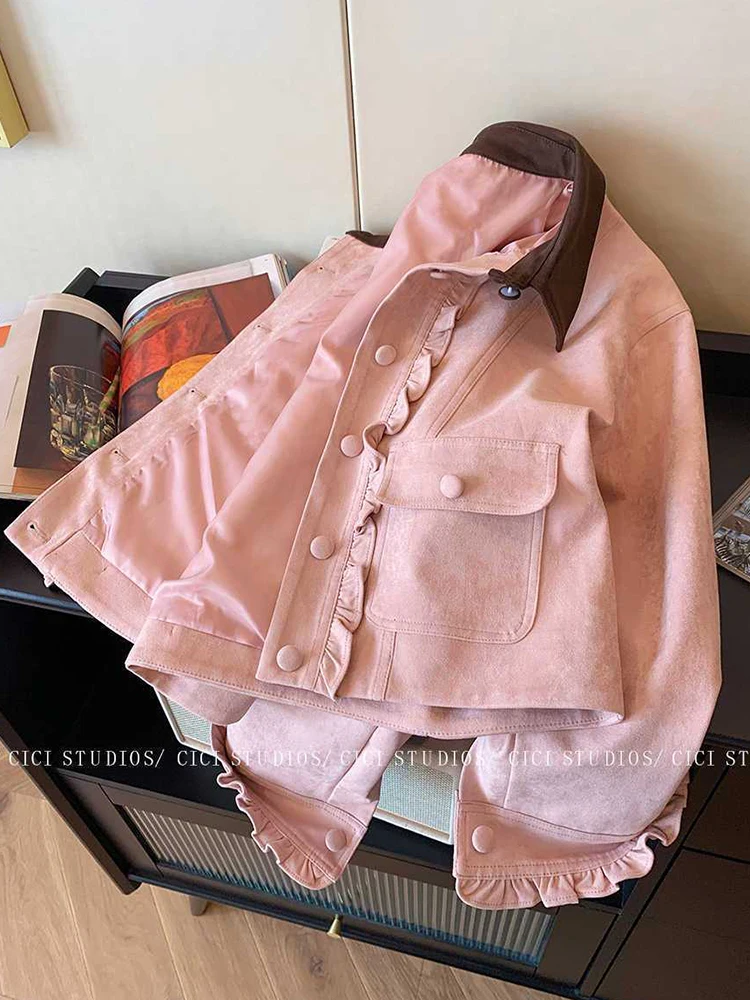 Sweet Ruffles Faux Suede Jacket Women Vintage Preppy Style Loose Coat Fall Winter Lady Harajuku Retro Casual Long Sleeve Outwear