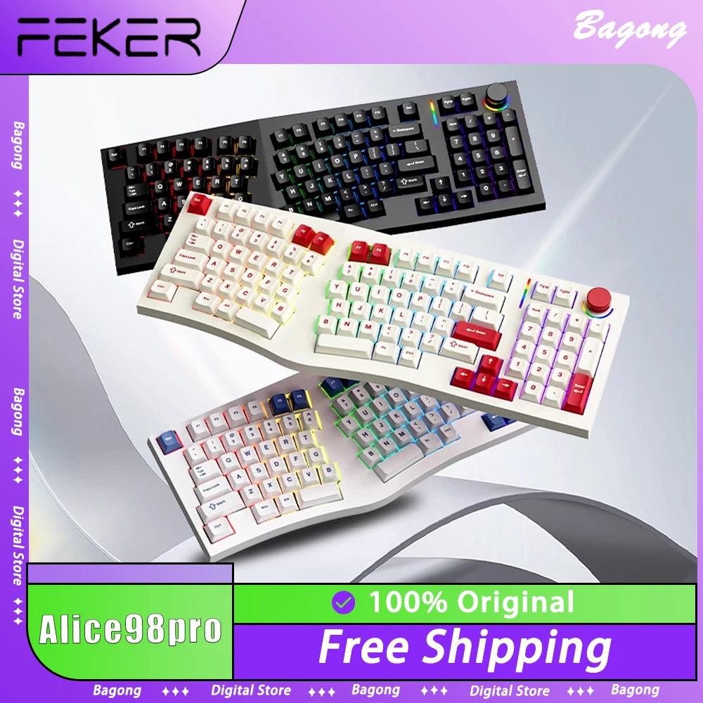 

Механическая клавиатура FEKER Alice98pro, три режима, RGB подсветка, 3 °, эргономичная игровая клавиатура Hot Swap QMK через 8000 мАч, ПК-геймер