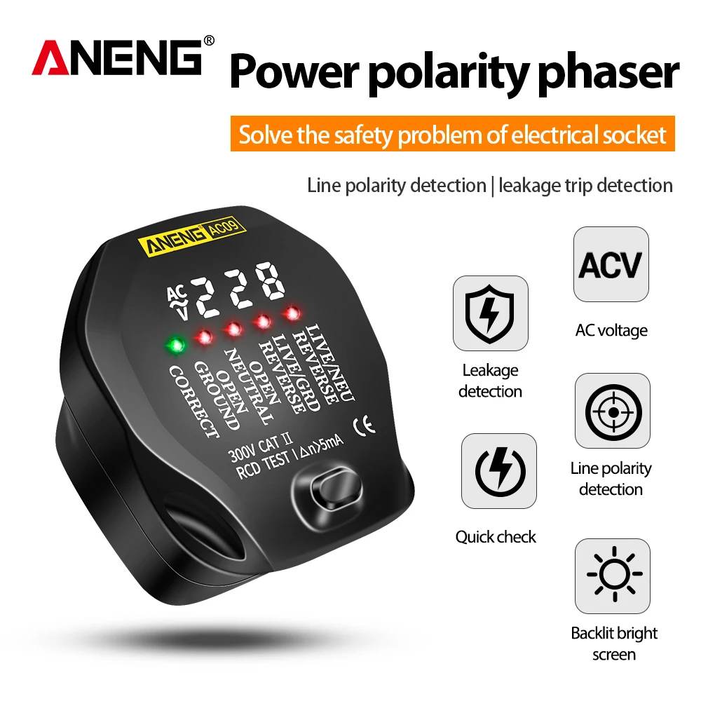 ANENG AC09 Digital Socket Tester US Plug AC Voltage Detector LCD Display Leakage RCD Test Line Polarity Ground Neutral Circuit