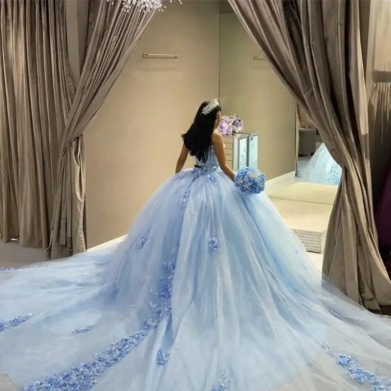 Sky Blue Princess Shiny Quinceanera Dresses Ball Gown Sweetheart Tulle Appliques Sweet 16 Dress 15 Años Customized Elegant