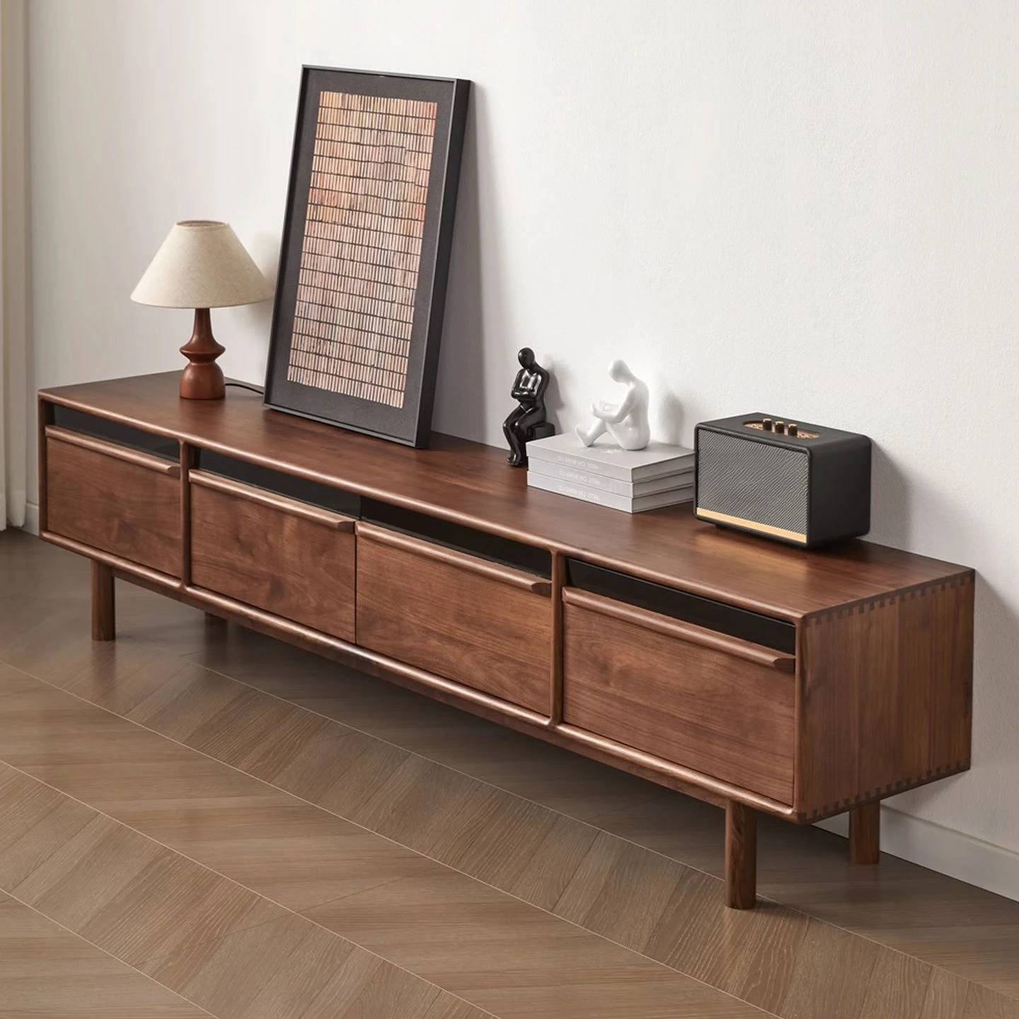 خزانة تلفزيون من خشب الجوز الأسود، وخزانة خط هيكل عظمي يابانية بسيطة وحديثة، وخزانة تخزين من الخشب الصلب الاسكندنافي #2