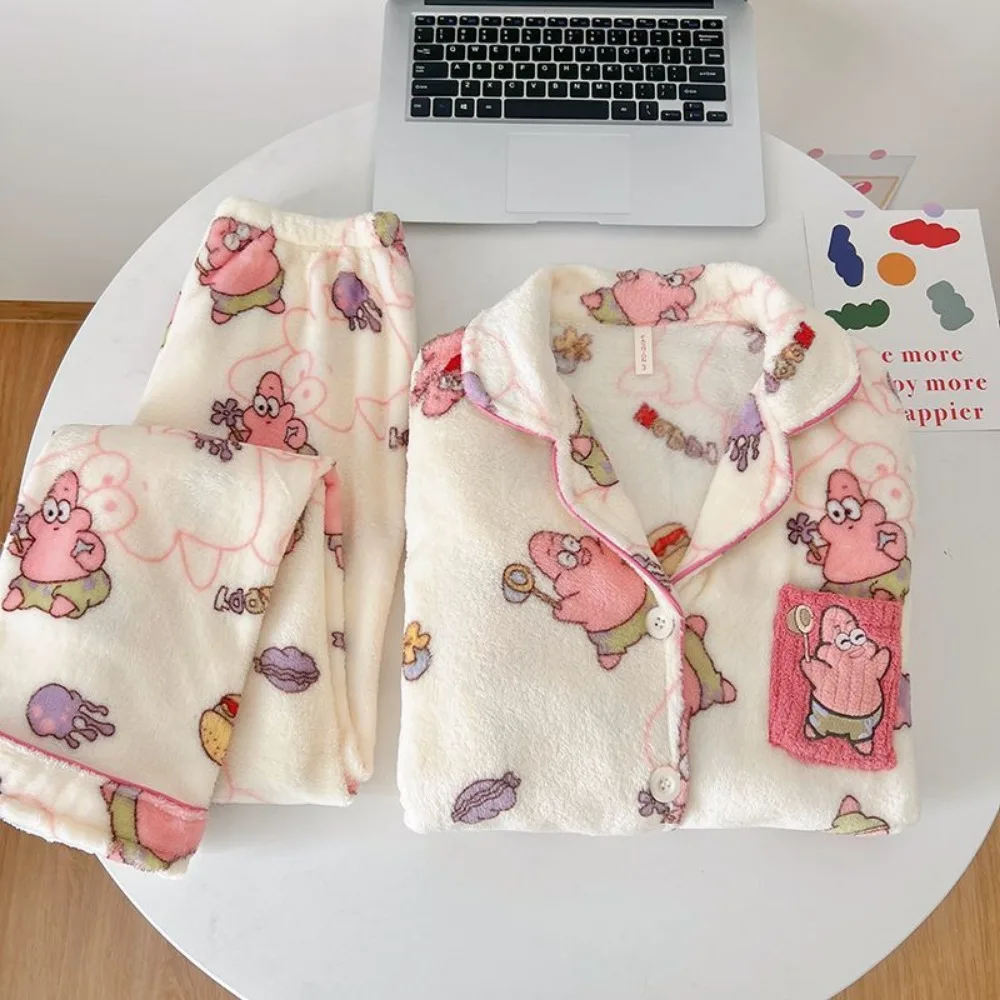 SpongeBob Patrick Star Pigiama di flanella Set Autunno inverno addensato in pile di corallo Pigiama caldo e accogliente per le donne Regali