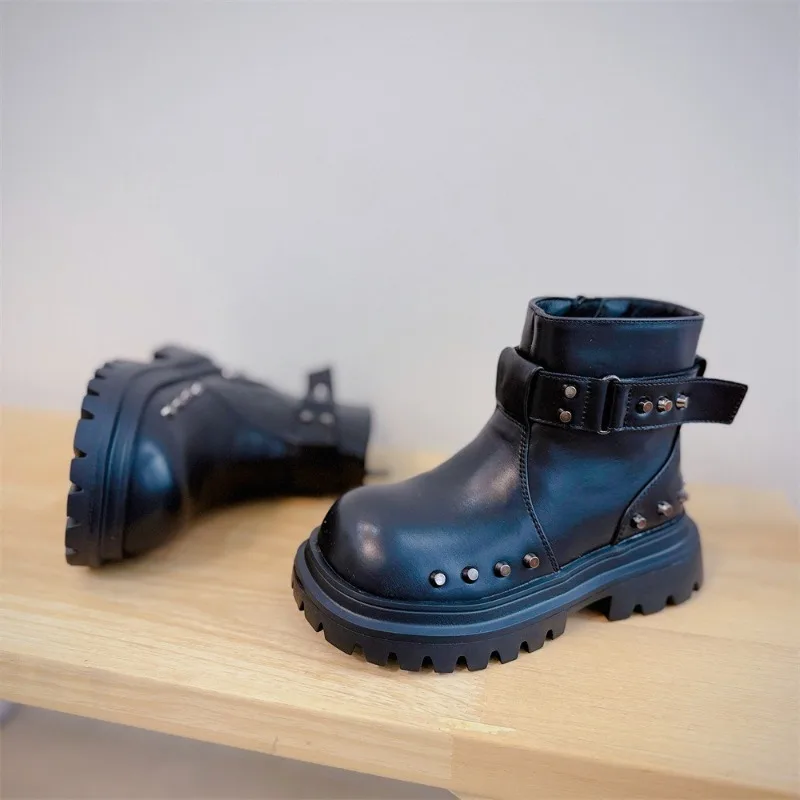 Winter Children's Shoes Genuine Leather Casual Fashion Rivet Snow Chelsea Ankle Boots Boys Girls Cowhide Outdoor Kids Shoes Baby