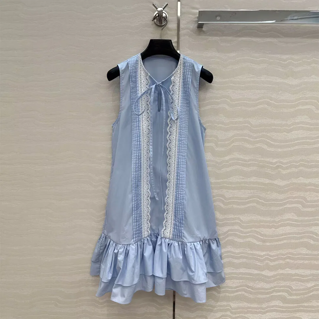 

2025 New Summer Fashion Tank Dress Women Elegant Lace Patchwork Lace-up O-neck Sleeveless A-line Ruffles Patchwork Sweet Dresses