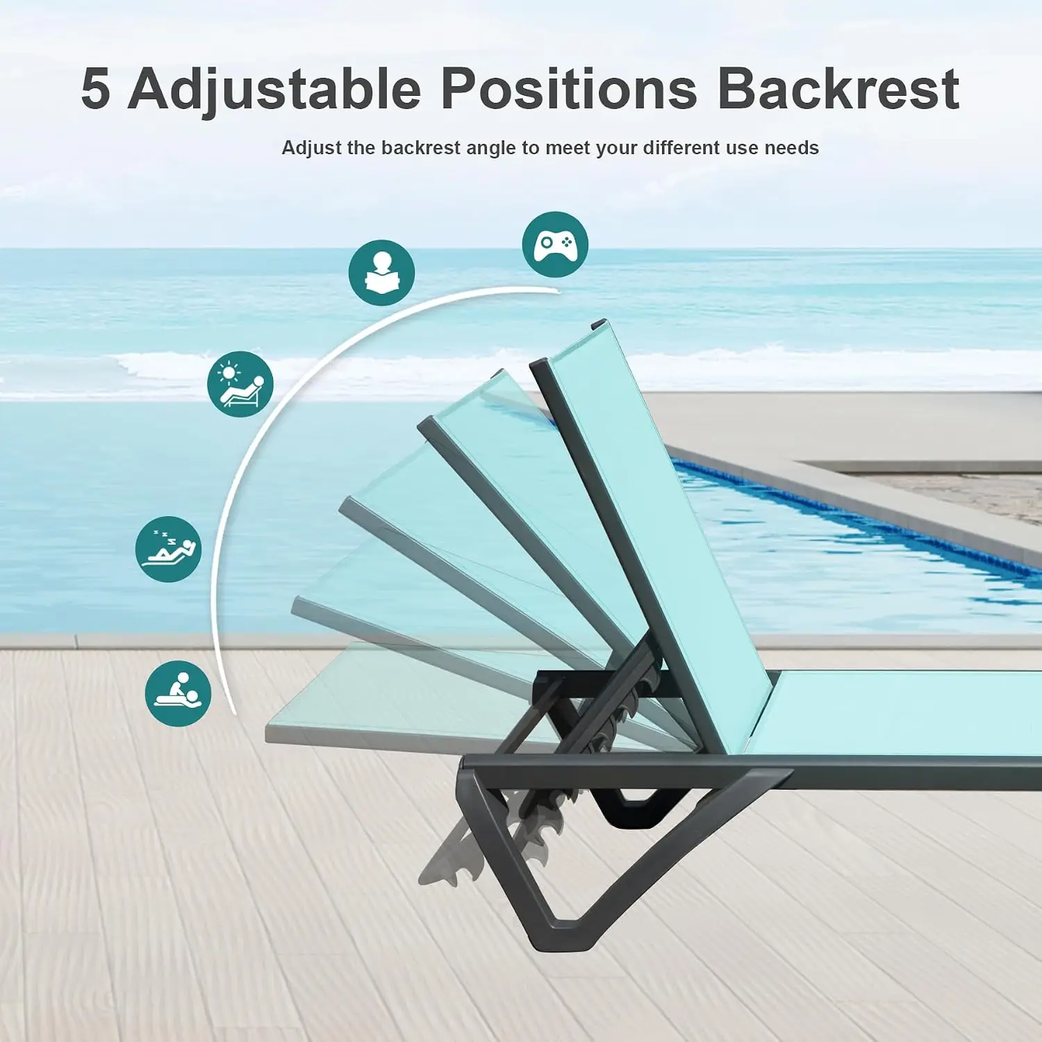 Aluminum Chaise Lounge Set 3pcs with Side Table, Patio Recliner 5-Position Adjustable Wheels for Poolside Garden, Customized