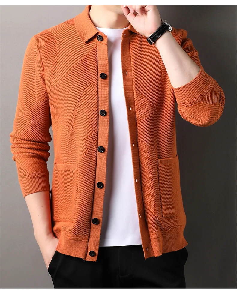 

2025 Autumn New Men's Long Sleeved Cardigan Solid Color Jacquard Knit Sweater with Lapel, Business Casual Sweater