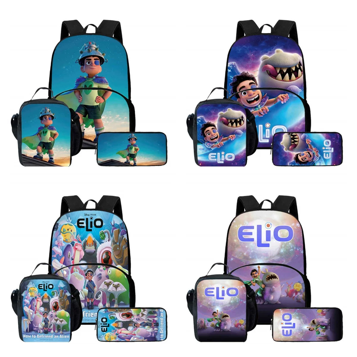 

3Pcs Set School Backpack with Front Pouch ,Lunch Bags ,Pencil Bags for Aged 5-10,Cartoon Disney Elio School Bags for Boy Girl
