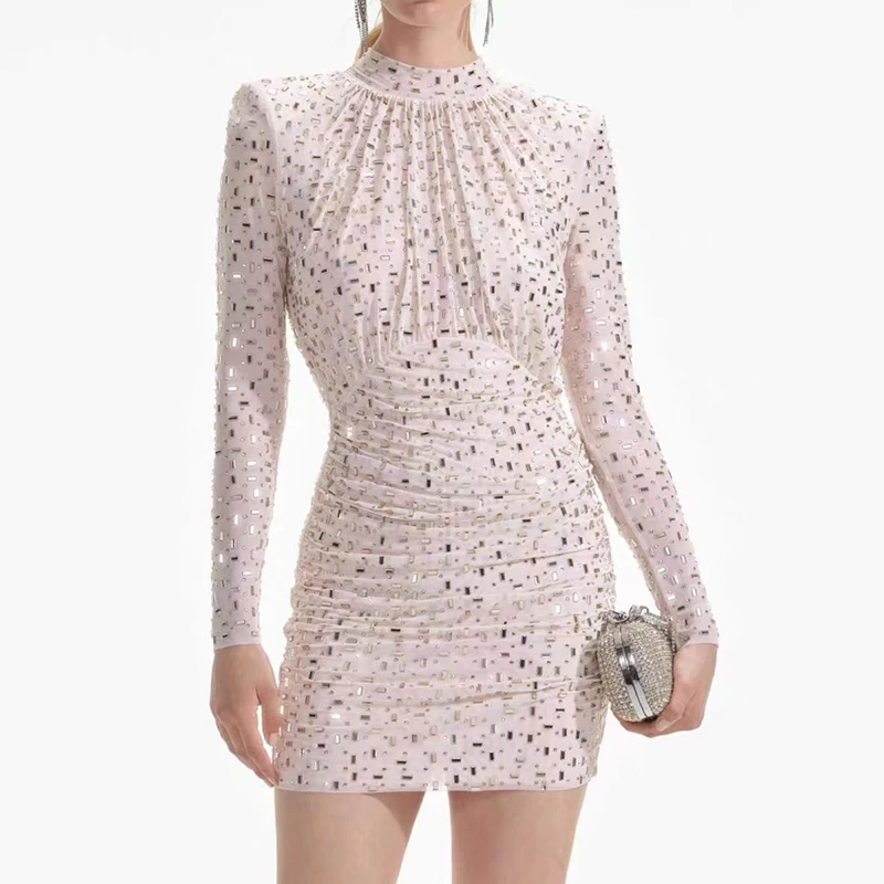 

Women's Elegant Party Dress, Sparkling Rhinestone Mini Dress, Stretch Knit, Slim Short Dress, Evening Gown, New, Fall, 2024