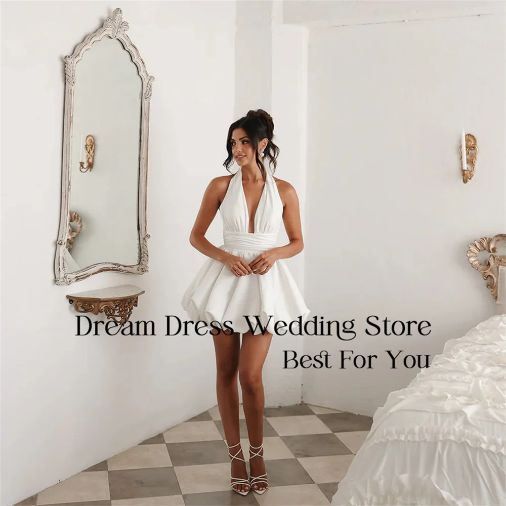 DREAM Halter A-Line Abiti da sposa corti Piega in raso con scollo a V senza maniche Backless Semplice abito da sposa Abiti da sposa personalizzati
